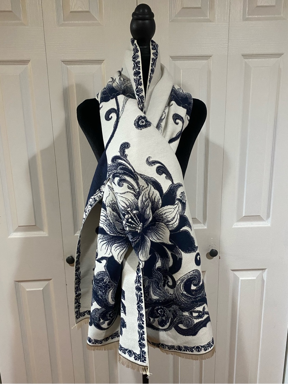 Indigo Floral Raw Hem Winter Scarf